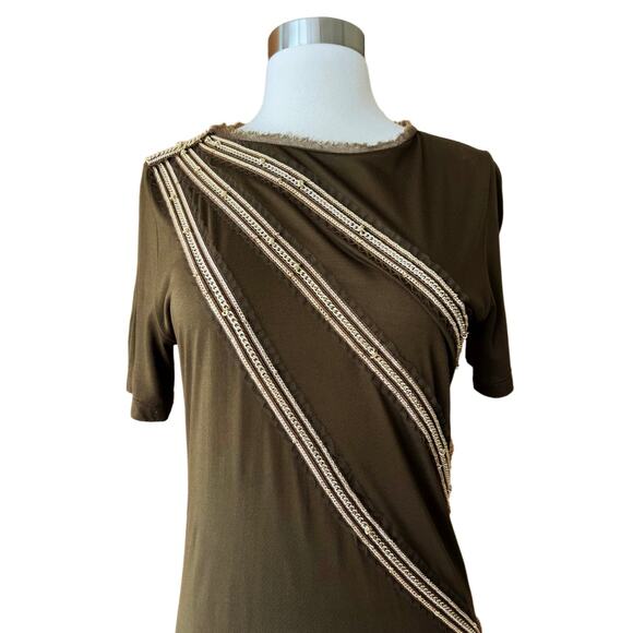 ROBERTO CAVALLI Dress Jersey Chain Embellished Ruched Short Sleeve Green 44 EUC - Picture 6 of 12